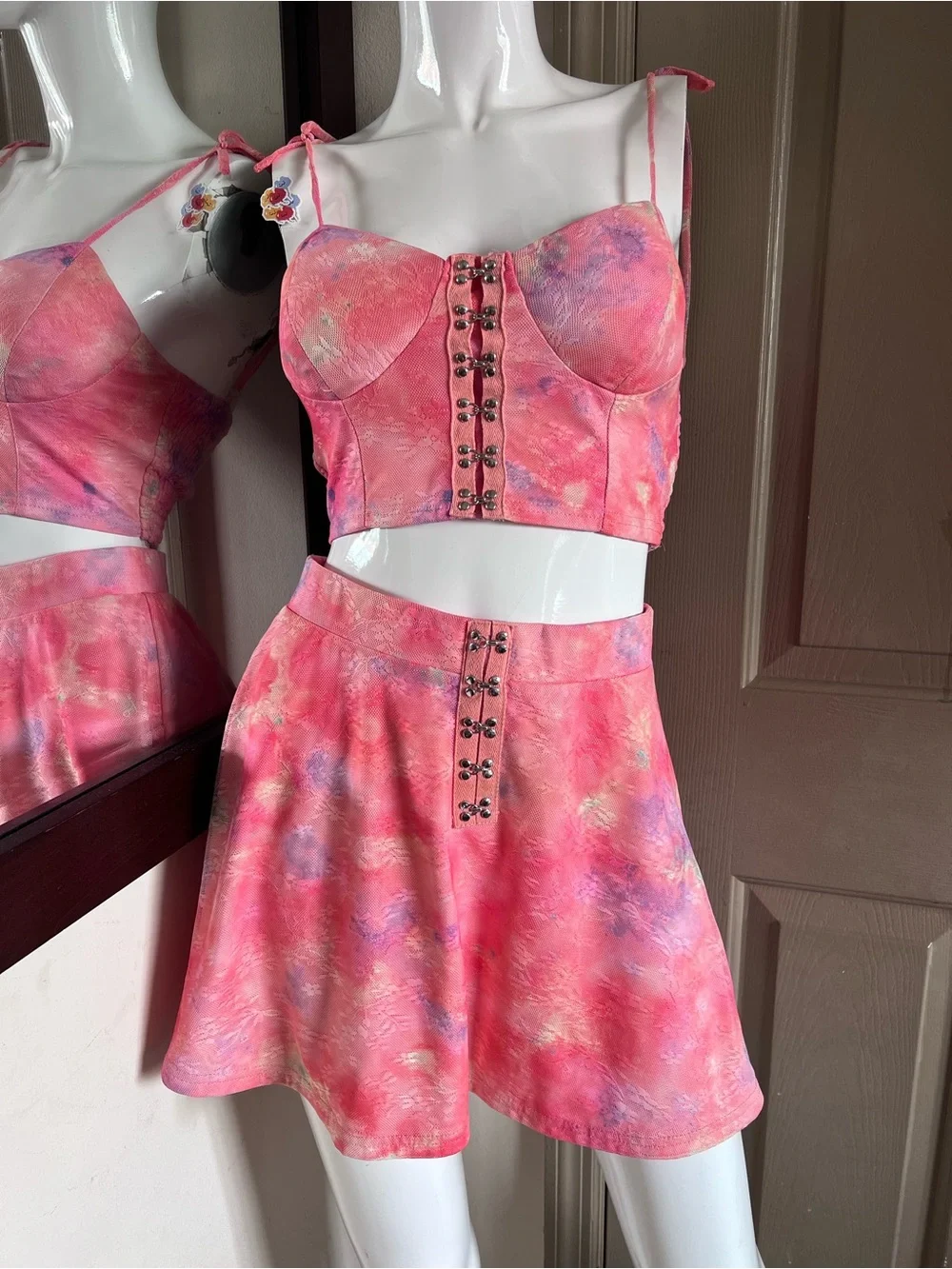 Pink Tie-Dye A-Line Mini Skirt and crop top